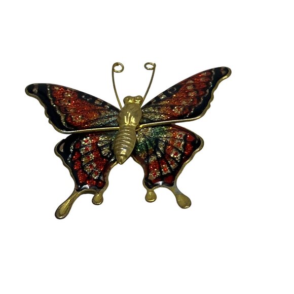 Vintage Butterfly Brooch Red Green Enamel and Glitter Pin - Picture 5 of 8